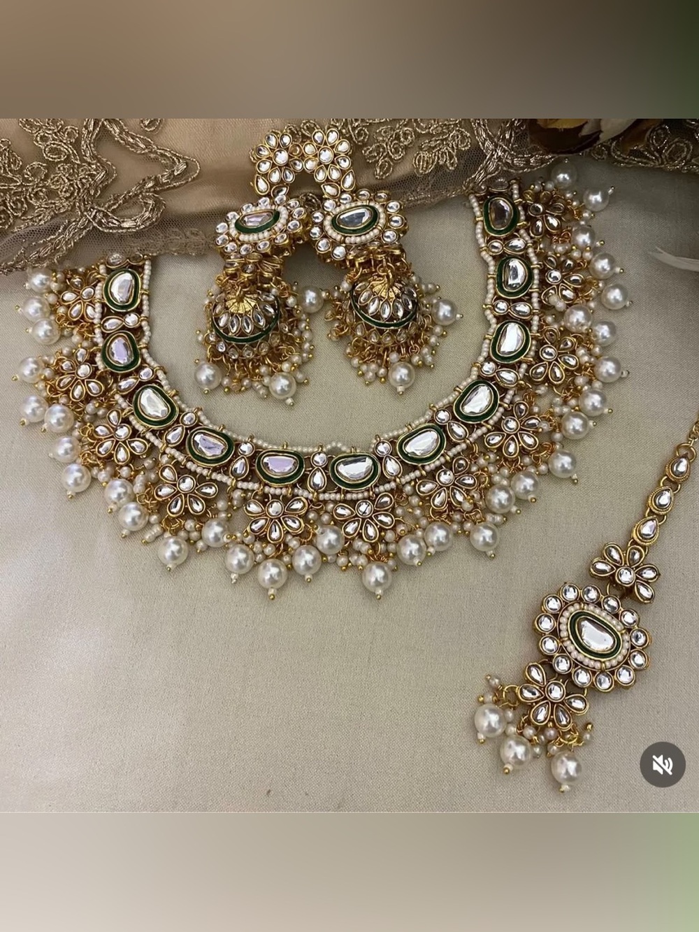 Gold-Tone Pearl & Green Kundan Necklace Set - Women Jewelry